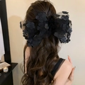 Grande fiocco per capelli in rete nera con fiori 3D per un'acconciatura elegante - 18.5*30cm / Nero
