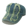 Close-up of distressed denim baseball cap with frayed edges and vintage ripped details - One Size (56-60cm) / Yellow