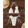 White two-piece bikini with 3D rose flowers, neck tie top and side tie bottoms on wood - Ivory