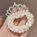 Elegant white pearl hair scrunchie with a silver rhinestone crown accent for girls - Teardrop Pendant Crown #2