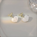 Elegant gold-plated heart earrings with white mother-of-pearl finish for women - Gold Double Heart Mother of Pearl Studs