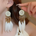 Detailed view of dreamy long earrings with white feathers and gold accents on a model - 15# Ear Hook - Gold - White (Dreamcatcher Feather Style)