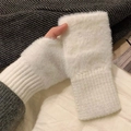 Soft white fuzzy knit fingerless gloves for women with warm plush texture for winter - One Size / Milky White