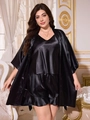 3-piece black satin sleepwear set for women with robe, camisole top, and ruffled shorts - 1XL / Black