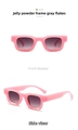 Vorder- und Seitenansicht der quadratischen Sonnenbrille in Pink mit grauen Gläsern - Gelee Rosa Rahmen Graue Gläser
