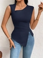 Detail of navy blue slim fit top featuring asymmetrical neck and side ruching design - S / Dark Blue