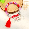 Boheemse kralenarmband met rode en paarse stenen en zilveren Hamsa handbedeltje - Witgoud Kleur Rood (3142)