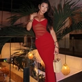 Sultry red mesh patchwork maxi dress with side slit and thin spaghetti straps - XS / Red