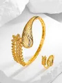 Detail shot of gold-plated leaf and honeycomb open cuff bracelet and ring set on white stone - Asymmetric Leaf Style (Bracelet+Ring 6)