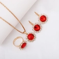 Gold bridal jewelry set with red round stones including necklace earrings and ring - Three-Piece Set / Round-Red