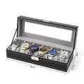 Black leather 6-slot watch box with transparent window and soft grey velvet lining - 6-Slot Black/Grey Interior