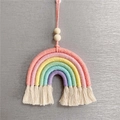 Handmade woven cotton rainbow car charm with colorful stripes, beige tassels, and wooden beads - 6-Layer Rainbow Style 5