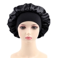 Detail of black satin hair bonnet with elastic band shown on a mannequin head - One Size / Black