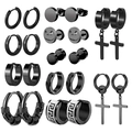 Set of stylish black stainless steel earrings featuring hoop and skull stud designs - Black Skull Greek Key Combination (36004)