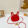 Detailed macro view of a red rabbit-shaped children's PU leather crossbody bag with long strap - Round Red