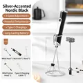 Wireless matte black electric milk frother set with stainless steel whisks and metal stand - Double Head with Stand / New Electroplated Black