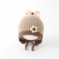 Detail of baby knit hat with plush bow and 3D floral accent with soft inner lining - 50cm(1-2 Years) / Khaki