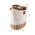 Large wicker picnic basket featuring natural canvas fabric and dark brown leather handles - Large / Canvas Splicing Beige