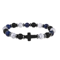 Close-up of black cross charm on natural snowflake and hematite stone beaded bracelet - Black White Blue (B4535-D)
