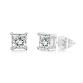 Detail of square-cut cubic zirconia earrings in silver-tone four-prong setting - 3mm / White Gold