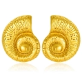 Golden spiral nautilus shell stud earrings in stainless steel with textured finish - Nautilus Spiral Grooved Gold Stud