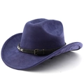 Close-up of deep purple suede cowboy hat featuring black leather belt and white X-stitching - M (56-58cm) / Navy Blue