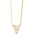 Detail of gold letter V pendant featuring micro-pave cubic zirconia on a box chain - Gold V