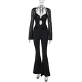 Detail of elegant black lace long sleeve romper with cutout neckline and flare leg - M / Black