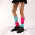 Pink and blue striped knit leg warmers with vertical ribbed texture for women - One Size / Rose Pink and Lake Blue Splicing