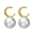 Elegant gold crescent earrings with large white freshwater pearls on a clean white backdrop - GPE30-14k Metal Crescent Pearl Drop Earrings / Gold