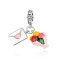 Silver bead charm featuring pink heart envelope and colorful bouquet with tiny crystals - Envelope and Bouquet (CCT944)