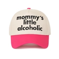 Close-up of Mommy's Little Alcoholic embroidery on pink and beige baseball cap - Off-white/Rose Red