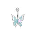 Silbernes Bauchnabelpiercing mit hellblauen Schmetterlingsflügeln und lila Rose - Lichtblau-violett