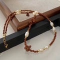 Brown goldstone beaded necklace with irregular freshwater pearls and gold lobster clasp - Gold Sandstone Necklace XL0649