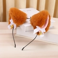 Cute brown plush cat ear headband with pink inner ears, white bows and gold bells - Brown