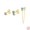 S925 sterling silver gold plated chain tassel earring set with blue zircon stones - Gold - Set of 3 Sea Blue Zircon