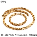 Polished gold stainless steel twisted rope chain necklace and bracelet set 7mm wide - Gold (KS107264-Z)