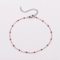 Silver-finish 304 stainless steel chain anklet featuring delicate red enamel beads accents - 22+5cm / Steel-Red