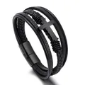 Bracciale multistrato da uomo in pelle nera intrecciata con croce e chiusura magnetica - Pelle Nera Chiusura Nera 21cm