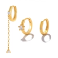 Three-piece golden brass earring set with zircon inlays and dangling chain pendant - Gold Chain Pendant 3-Piece Earring Set (#78)