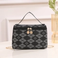 Black and grey diamond quilted handbag with heart floral pattern and gold chain strap - Black