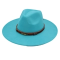 Close-up of turquoise felt fedora hat featuring a brown woven band with leaf detail - Adult (57-60cm) / Lake Blue Heart (Gold Feather)