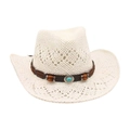 Beige woven straw cowboy hat featuring a leather band with turquoise stone detail - Wood Beads & Turquoise Decor / White