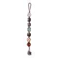 Detailed close-up of seven chakra raw crystals woven in brown rope for car hanging decor - 7 Chakra