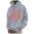 Grey fleece hoodie with red rib skeleton print and drawstring hood for streetwear - S / Tops / Gray