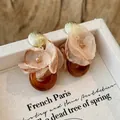 Detail of vintage French resin hoop earrings with organza petals and golden studs - Apricot Flower Ring (18# Silver Earring Post)