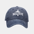 Close-up of BELIEVE embroidery and cross pattern on washed navy denim baseball cap - Navy Blue