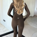 Women's Y2K two-piece yoga set featuring brown long-sleeve top and leggings with TSF logo - S / Brown