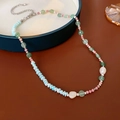Baroque freshwater pearl necklace with colorful gemstones and silver lobster clasp - Green Blue Pink Pearl Faux Stone Necklace (#56)