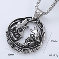 Detail view of silver Nordic wolf pendant necklace with 35mm diameter and 13.7g weight - Two Wolves Howling at the Moon Design (Pendant Only (Without Chain) Style 16)